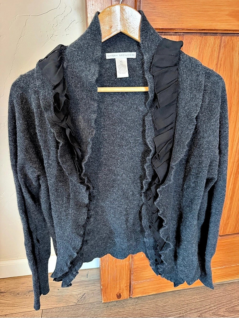 Sarah Spencer Charcoal Gray Wool Angora Chiffon Ruffle Cardigan Sweater XL